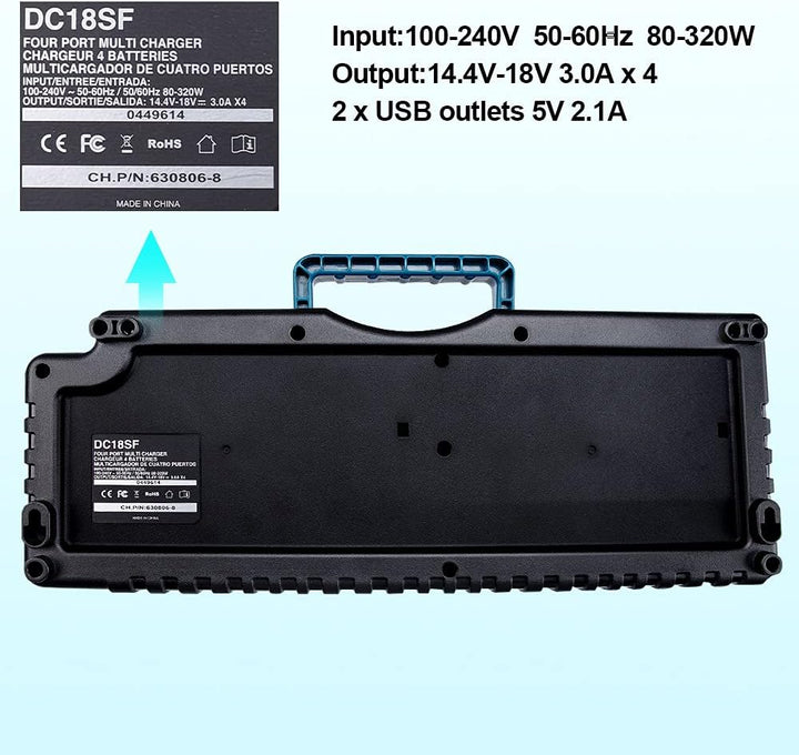 Hipoke DC18SF 4-Port Lithium-Ladegerät Kompatibel mit Makita 14,4V 18V 20V Akku BL1430 BL1450 BL1440