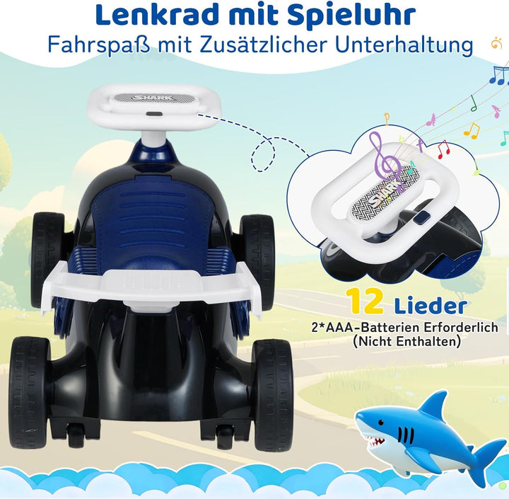 COSTWAY Rutschauto, Rutschfahrzeug im Hai-Design, Kinderfahrzeug mit Musik & Stauraum unter dem Sitz