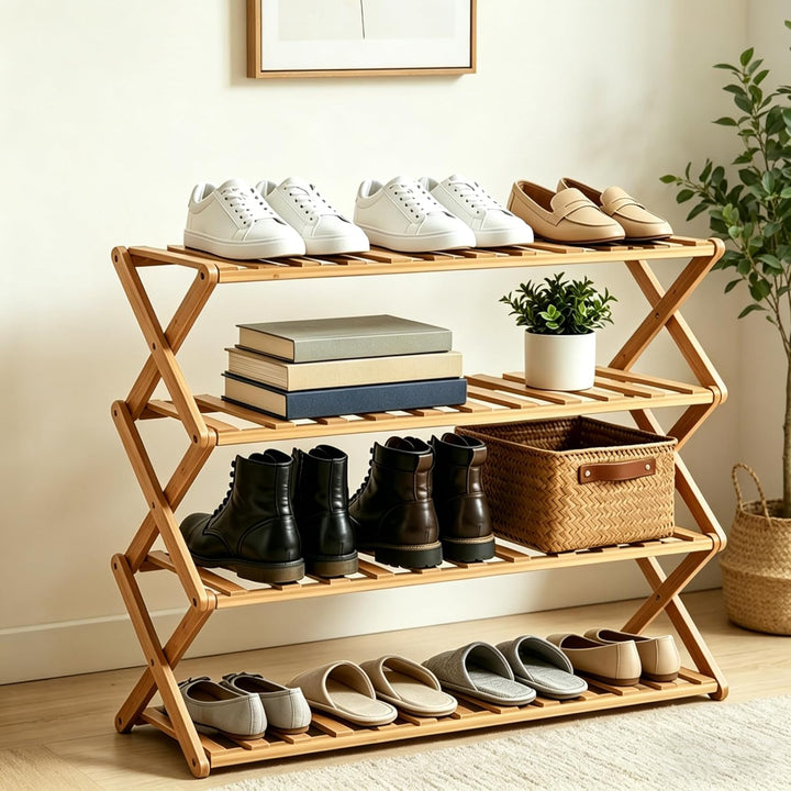 Schuhregal, 4-stöckig, aus Bambus, zusammenklappbar, freistehendes Regal für den Eingangsbereich, da