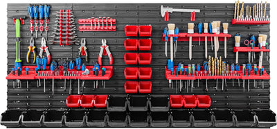 Lagersystem Werkstattregal | 156 x 78 cm | 32 stck. Box | Wandregal mit Werkzeughalterungen und Stap