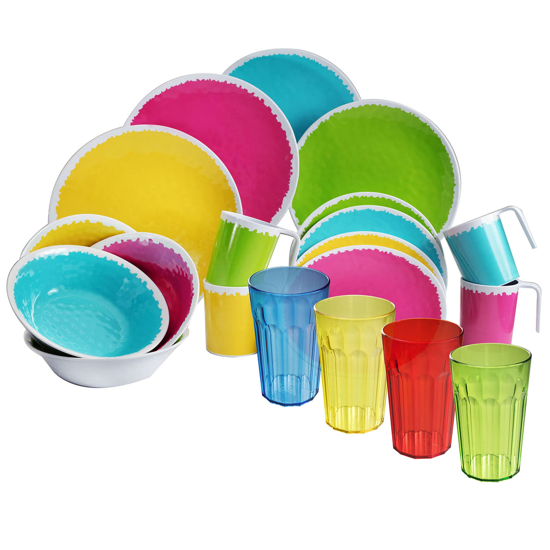 Melamin Camping Geschirrset für 4 Personen 20 Teile mit Bunt 630ml modernes 20 Teile - Trinkglas Bun