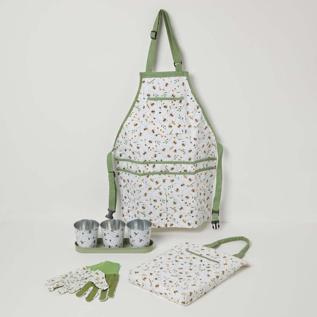 Homescapes Garten-Kniekissen mit Band, Design Blumen & Bienen grün-weiss, 27x40 cm grosse Kniematte