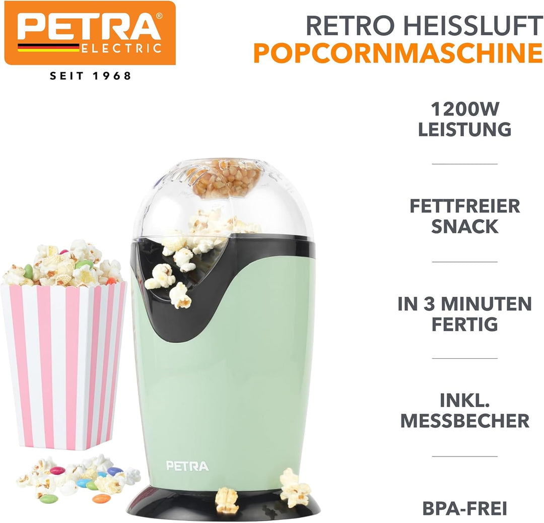 Petra PT0493GRVDEEU7 Elektrische Heissluft Popcornmaschine, 1200W, Retrolook, für süsses und salzige