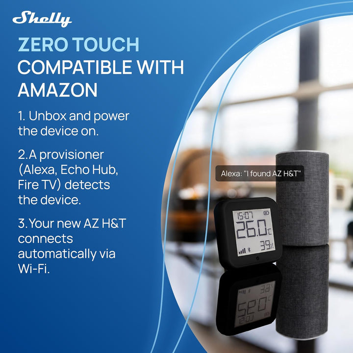 Shelly AZ H&T Schwarz, WLAN Smart Temperatur- und Feuchtigkeitssensor, Schnelle Verbindung mit Alexa