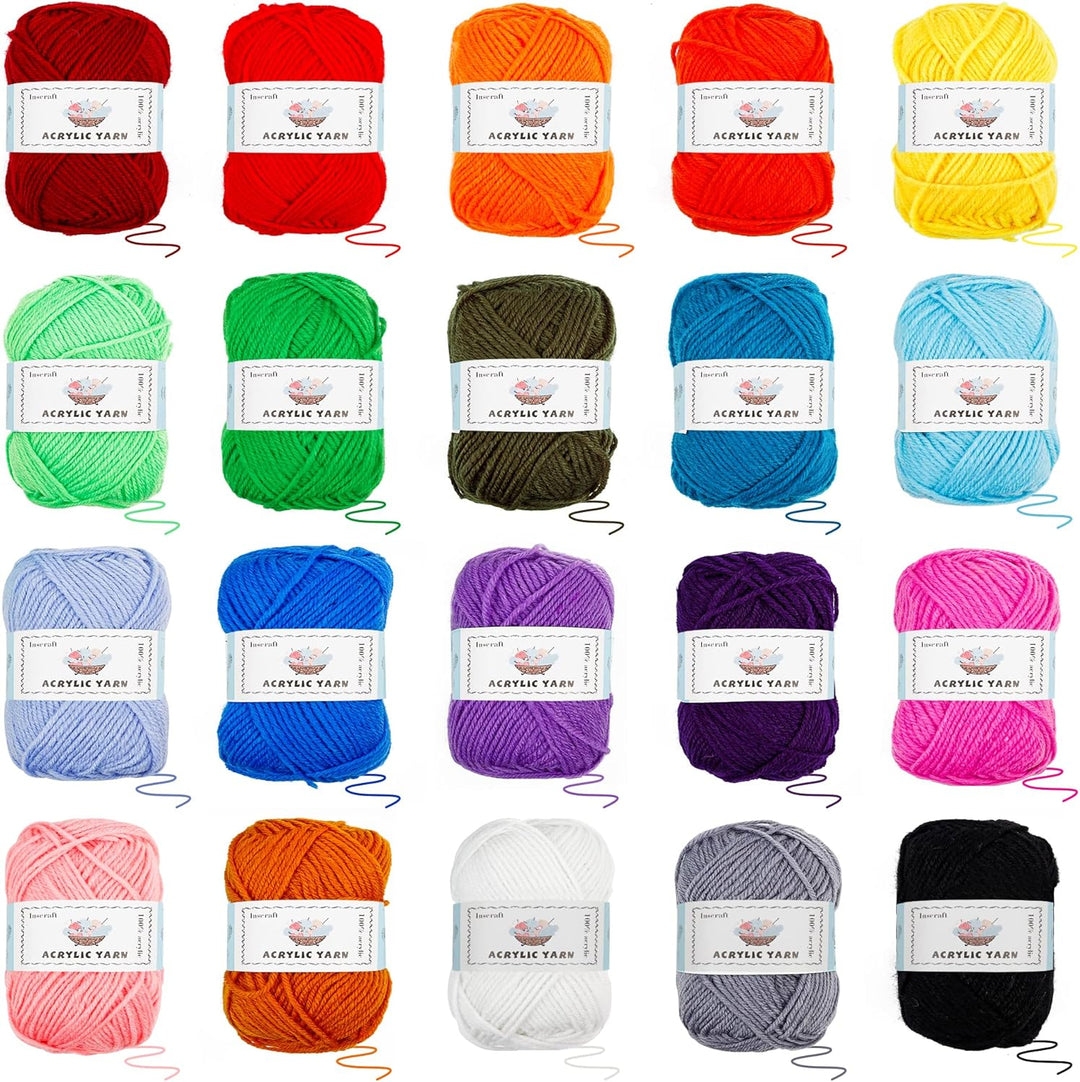 Inscraft Häkelwolle Set, 20 Farben 105 Stück Häkelgarn Set mit 2000yd Strickgarn, Nädeln, Zubehör us