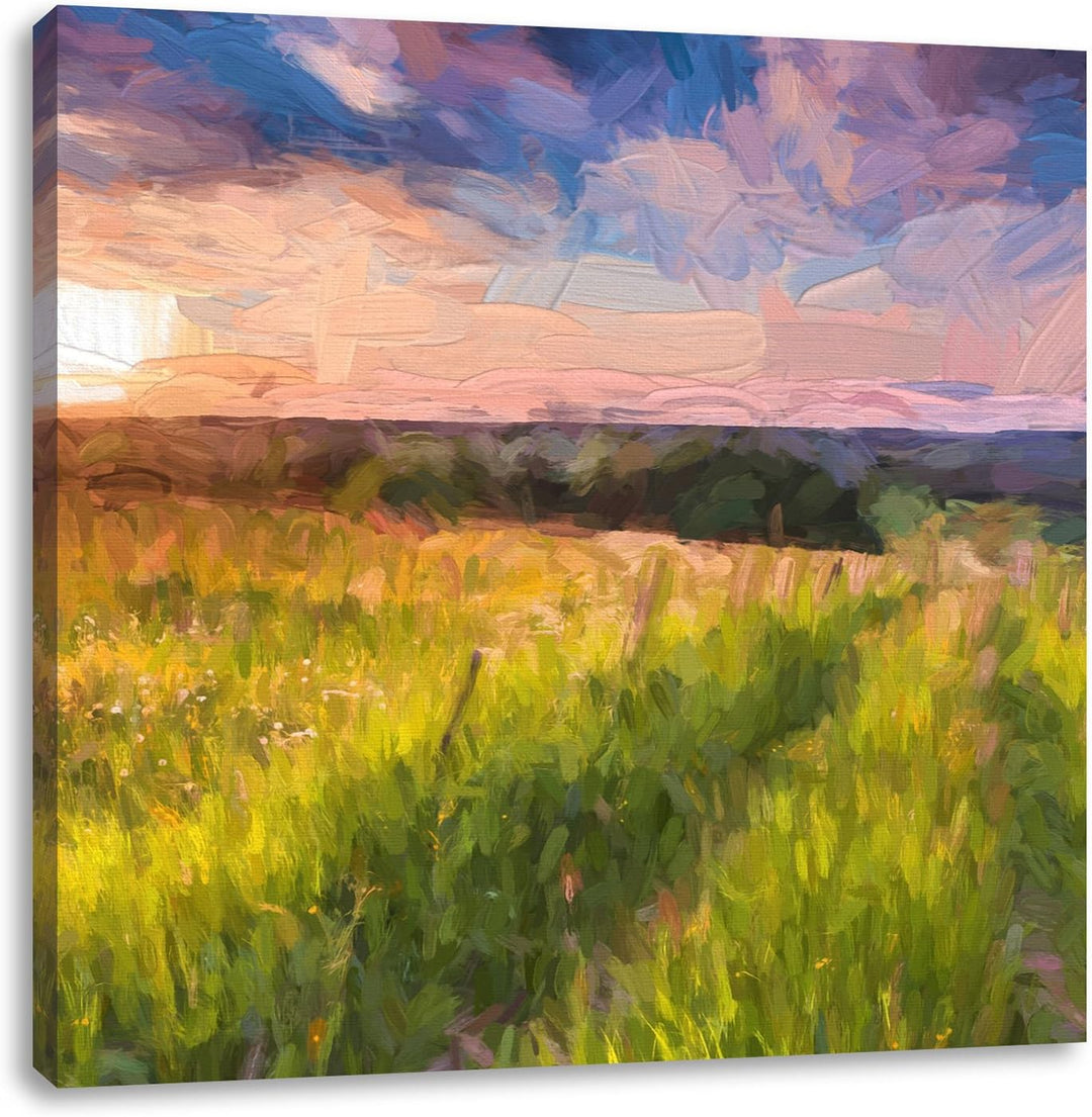 Pixxprint Bergwiese im Sonnenaufgang als Leinwandbild | Grösse: 70x70 cm | Wandbild | Kunstdruck | f