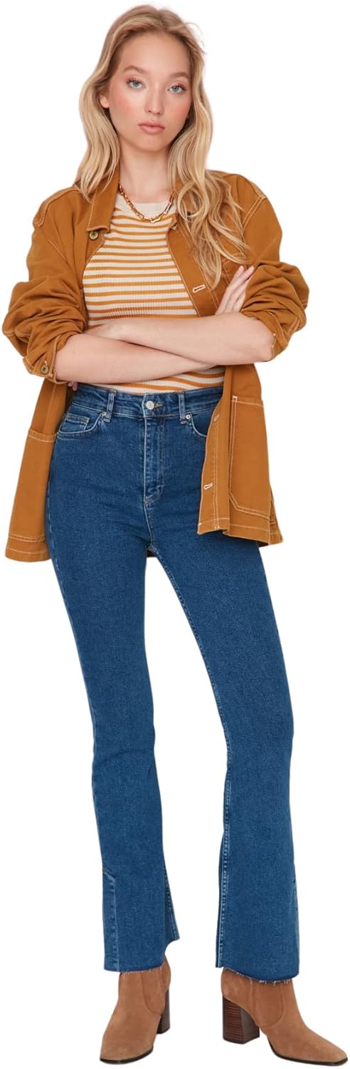 TRENDYOL Damen Herren Hoher Bund Flared Jeans 38 Navy Blue, 38 Navy Blue