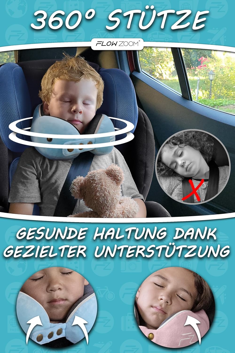 FLOWZOOM Nackenkissen für Kinder ab 3 Jahre - auch für Kinderautositze geeignet - einstellbares Memo