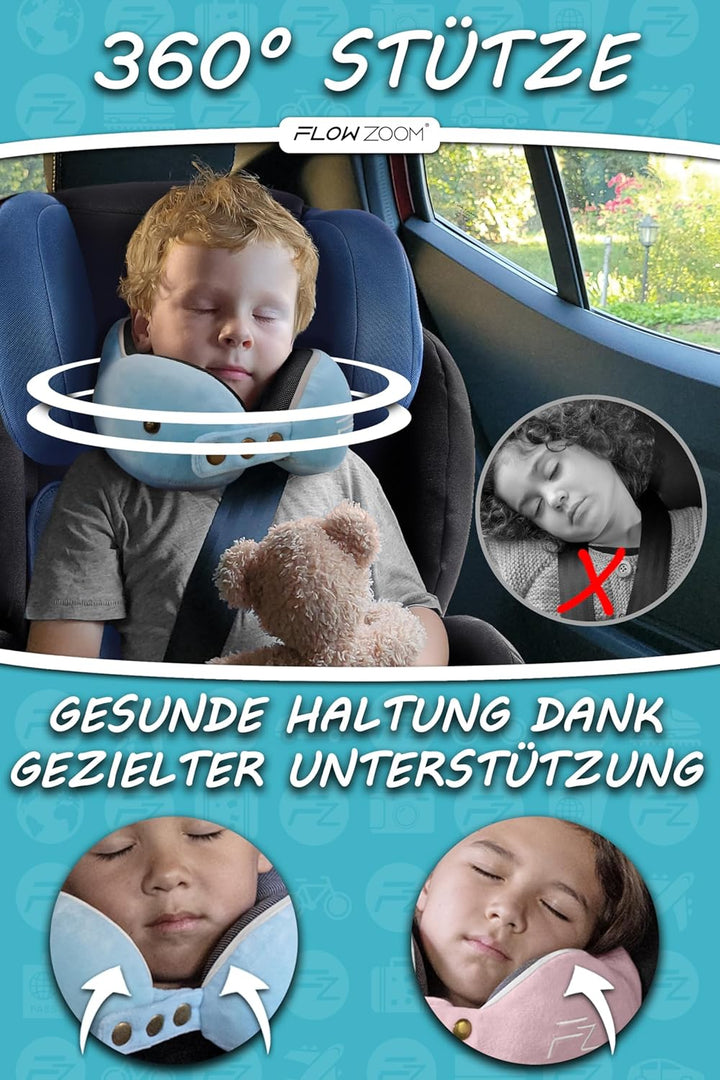 FLOWZOOM Nackenkissen für Kinder ab 3 Jahre - auch für Kinderautositze geeignet - einstellbares Memo