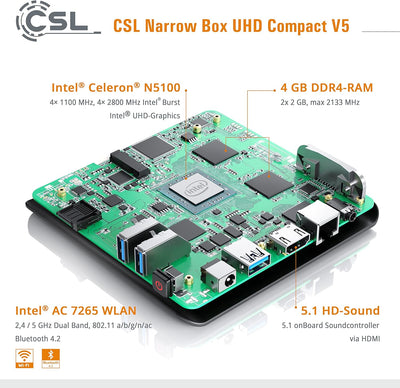 Mini PC CSL Narrow Box Ultra HD Compact v5 Windows 11 Pro lüfterlos, Intel Celeron N5100 4x2800MHz,