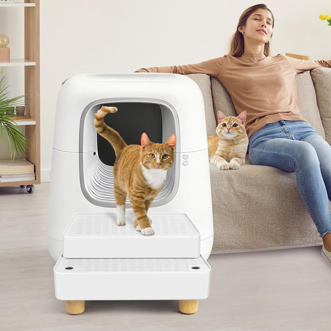 Bartuke Verstellbare 2-stufige Katzentoilettenrampe, Katzen Treppen&Stufen mit Holzfüsse Filterfunkt