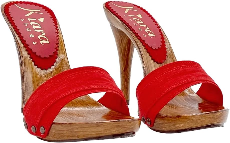 Kiara Shoes Damen-Clogs mit Stoffband aus rot - KM7101 Rosso (38 EU, ROT) 38 EU Rot, 38 EU Rot