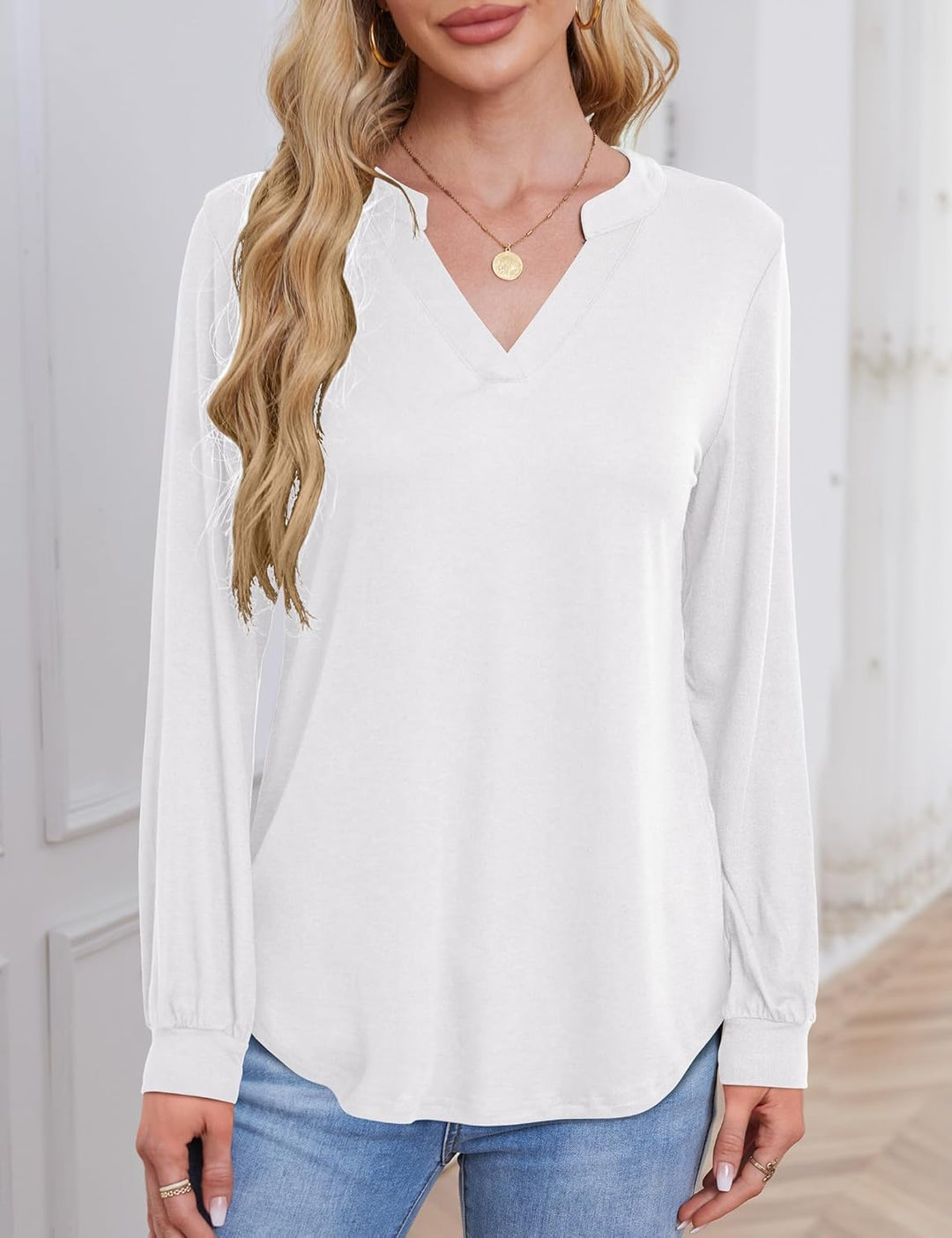 Beluring Langarmshirt Damen Elegant V Ausschnitt Tunika Bluse Einfarbig T-Shirt M Weiss, M Wei&#xDF;