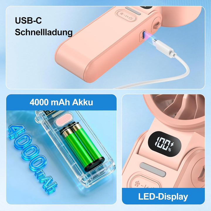 Handventilator 100 Stufen Leise Leistungsstark – Tragbarer Mini Ventilator USB Wiederaufladbar mit L