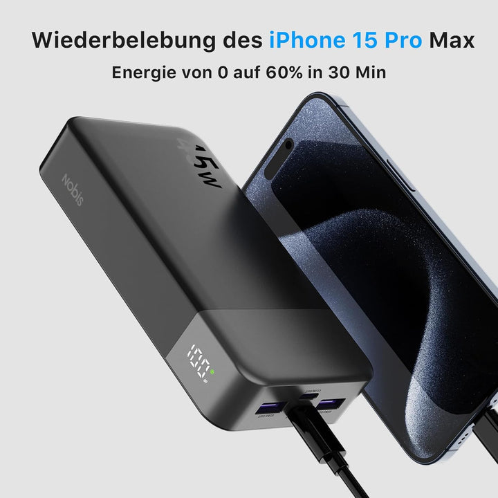 NOBIS Power Bank, Powerbank 20000mAh, 45W Externe Handyakkus Schnellladen, Externer Akku mit C zu C