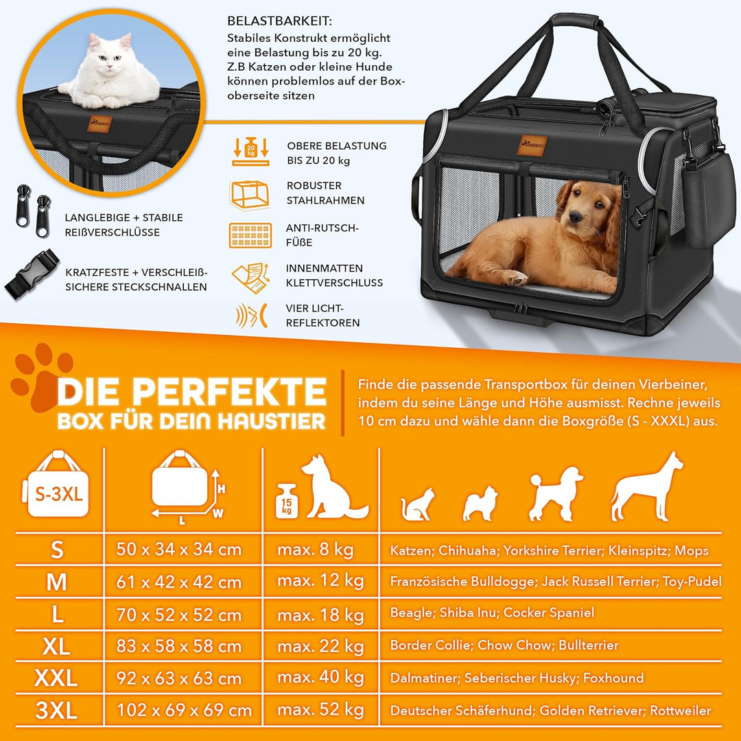 TRESKO® Hundebox faltbar inkl. Leckmatte, Spatel &amp; Reflektoren XL 83x58x58cm | Transportbox für Hund