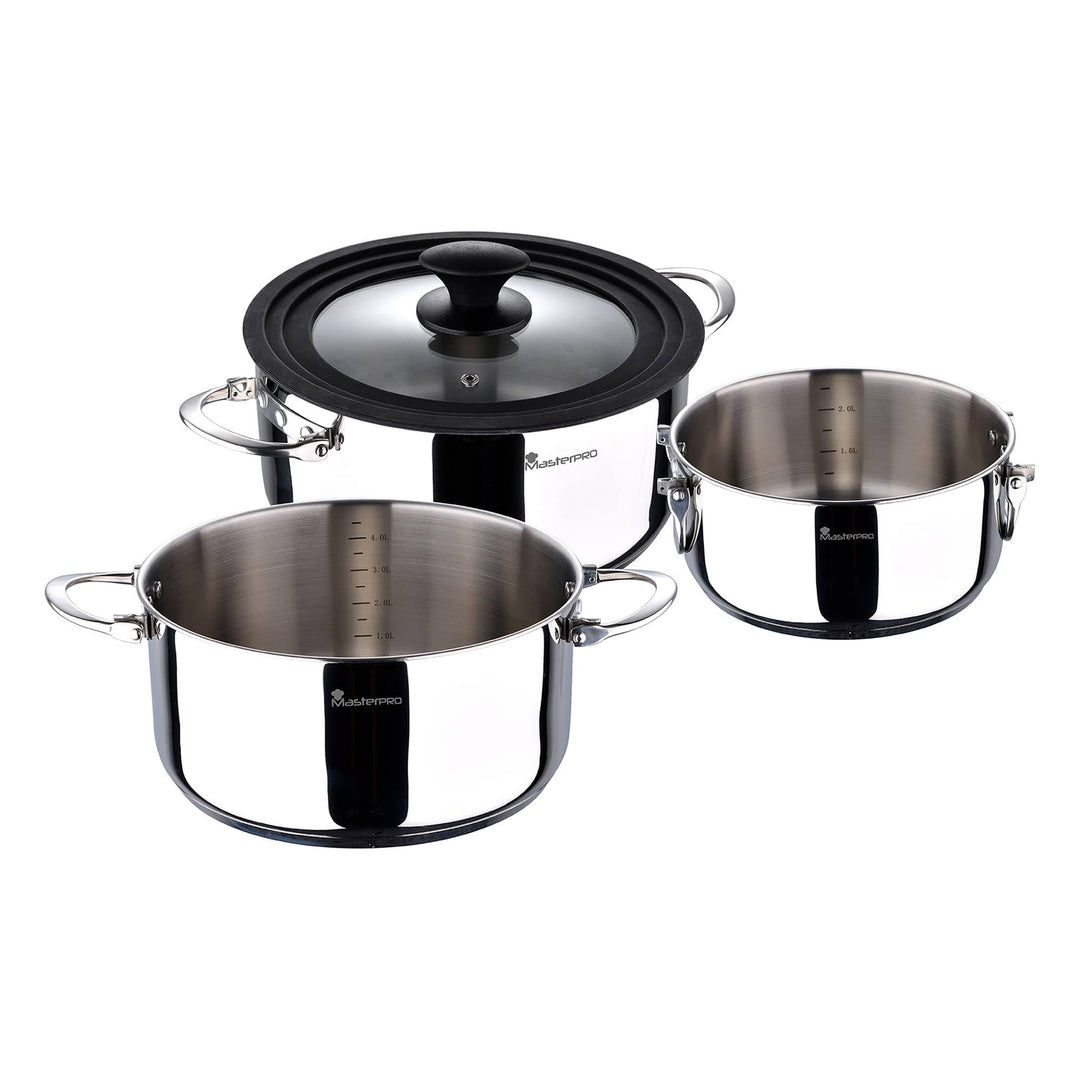 MasterPRO Foodies - Küchenbatterie - 4 -Stück -Set mit 4, 20 und 24 cm Pfannen und Glasdeckel - Herg