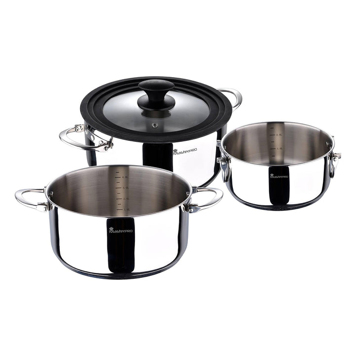 MasterPRO Foodies - Küchenbatterie - 4 -Stück -Set mit 4, 20 und 24 cm Pfannen und Glasdeckel - Herg