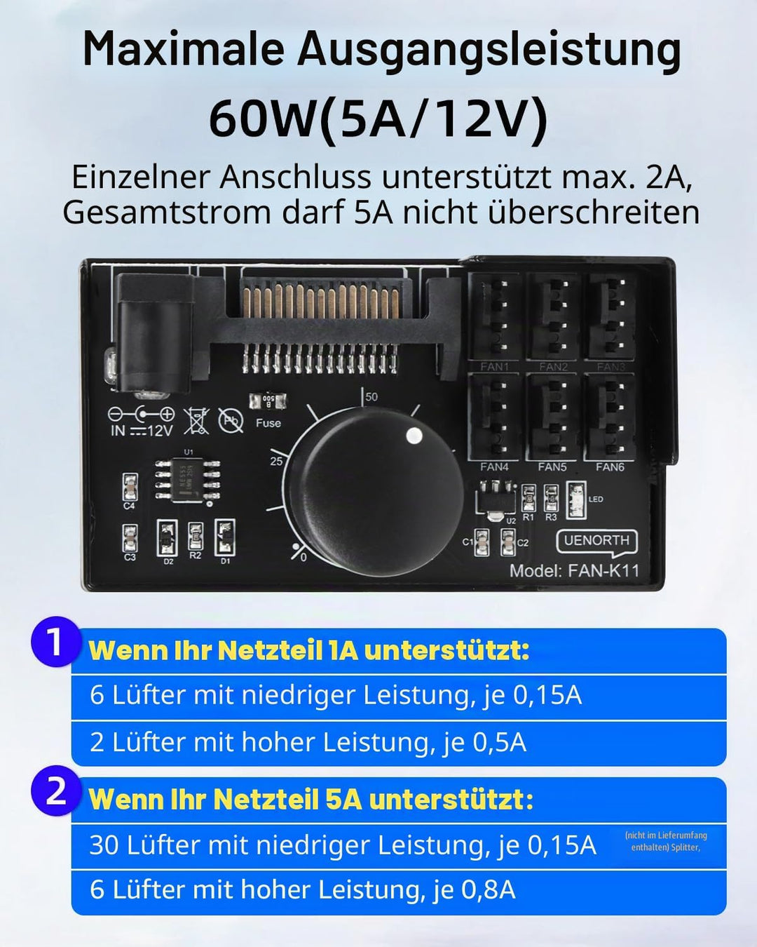 GELRHONR PWM-Lüfter-Hub Controller, 6-Port 4-Pin 12V PWM-PC-Lüftersteuerung, SATA und DC 5521 Strome