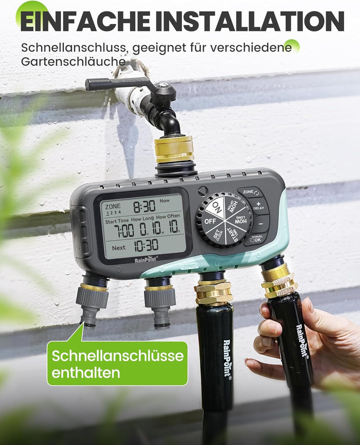 RAINPOINT Bewässerungscomputer 4 Ausgänge, Messing Einlass und Auslass, IP65 Wasserdicht Wasserzeits