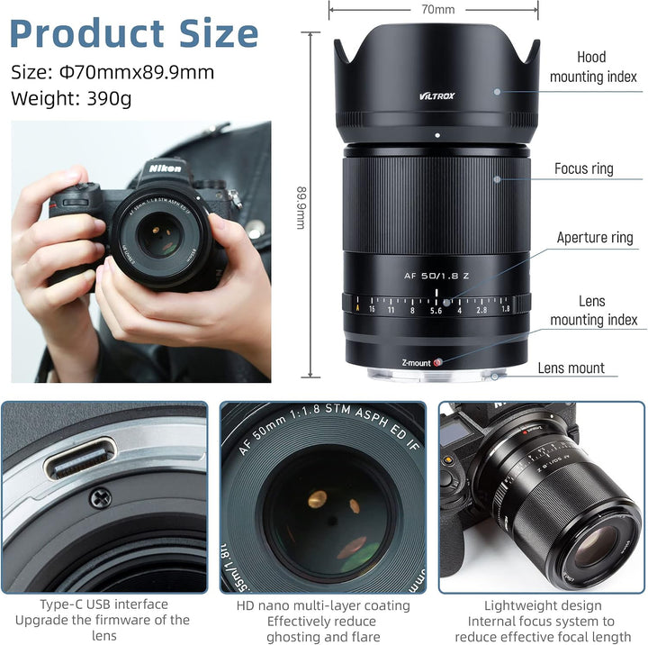 VILTROX 50 mm F1.8 Z-Mount Hauptobjektiv für Nikon Z5 Z50 Z6 Z6II Z7 Z7II ZFC (Vollformat, Autofokus