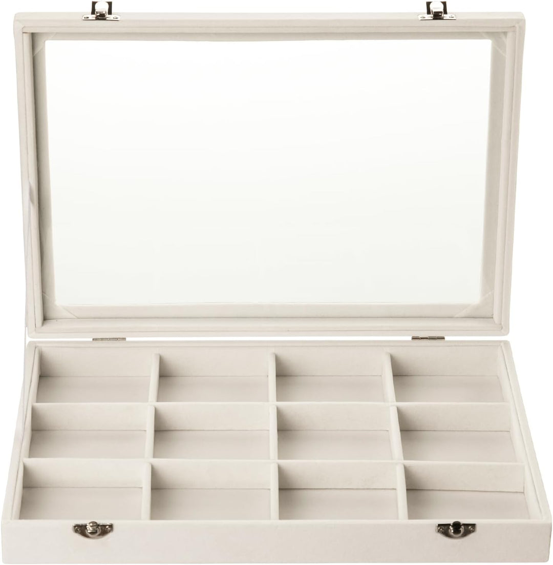 Frebeauty Schmuck Tablett 12 Gitter Samt Schmuck Organizer Aufbewahrungsbox mit klarem Deckel Schubl