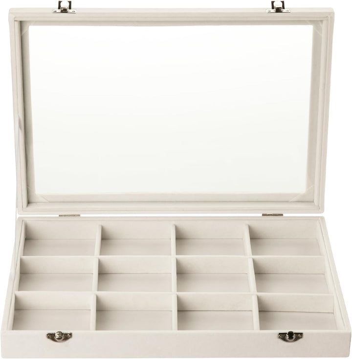 Frebeauty Schmuck Tablett 12 Gitter Samt Schmuck Organizer Aufbewahrungsbox mit klarem Deckel Schubl
