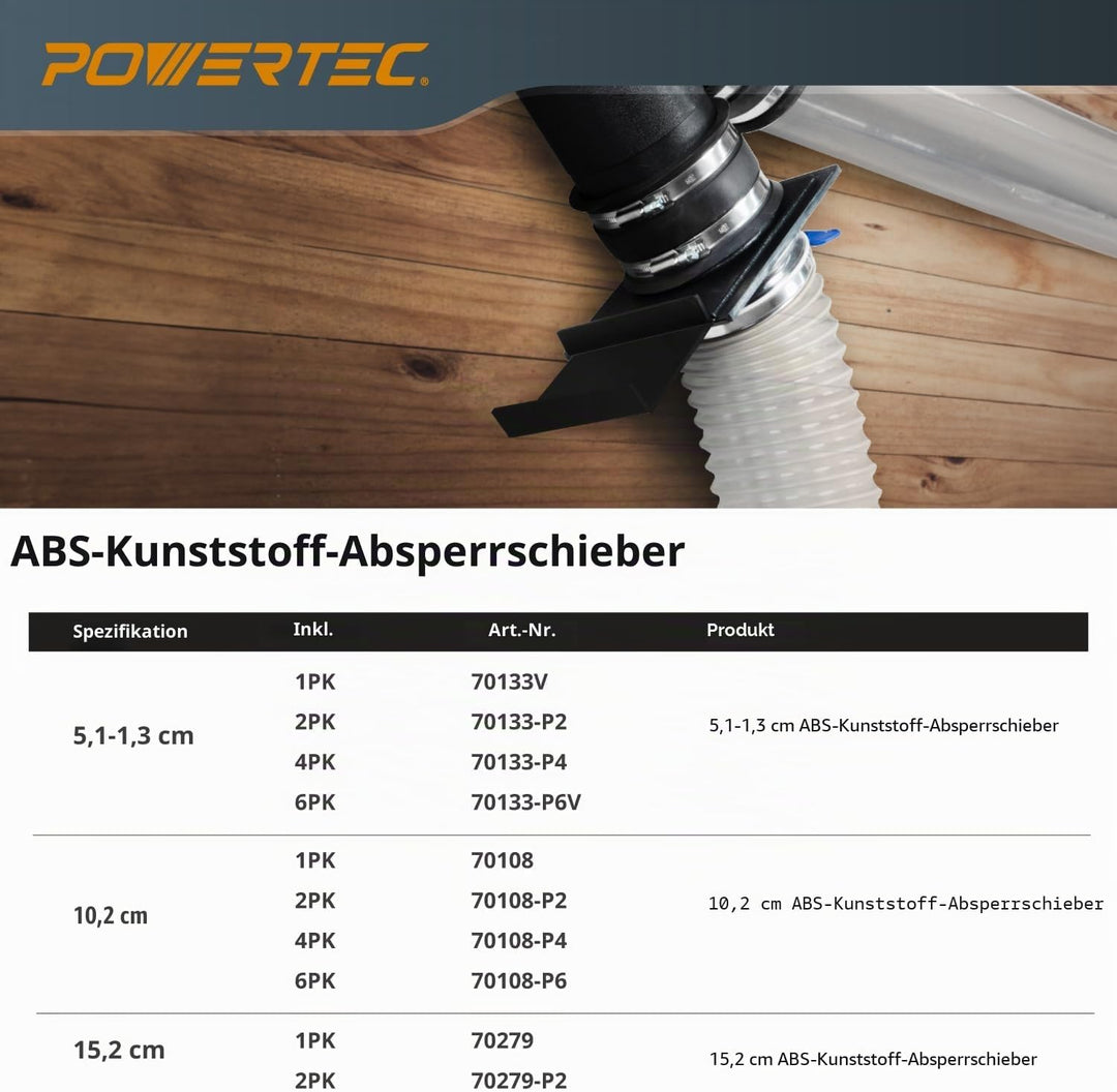 POWERTEC 70133V 6,4 cm Blast Gate für Vakuum 10,2 cm, 6 Stück, 10,2 cm, 6 Stück