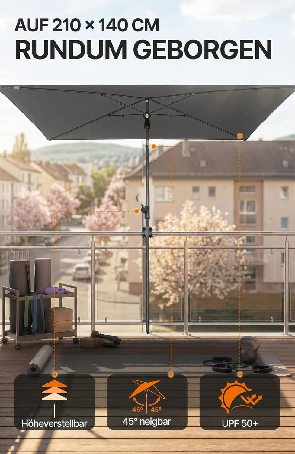 4smile SunnyShade Balkonschirm Rechteckig 210x140 cm, Sonnenschirm Balkon mit UV 50+, Sonnenschutz B
