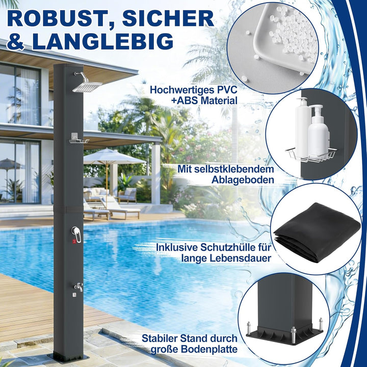AufuN Solardusche Gartendusche 40L mit Chrom & Edelstahl, Warmwasser bis 60°C ohne Strom, 15cm Dusch