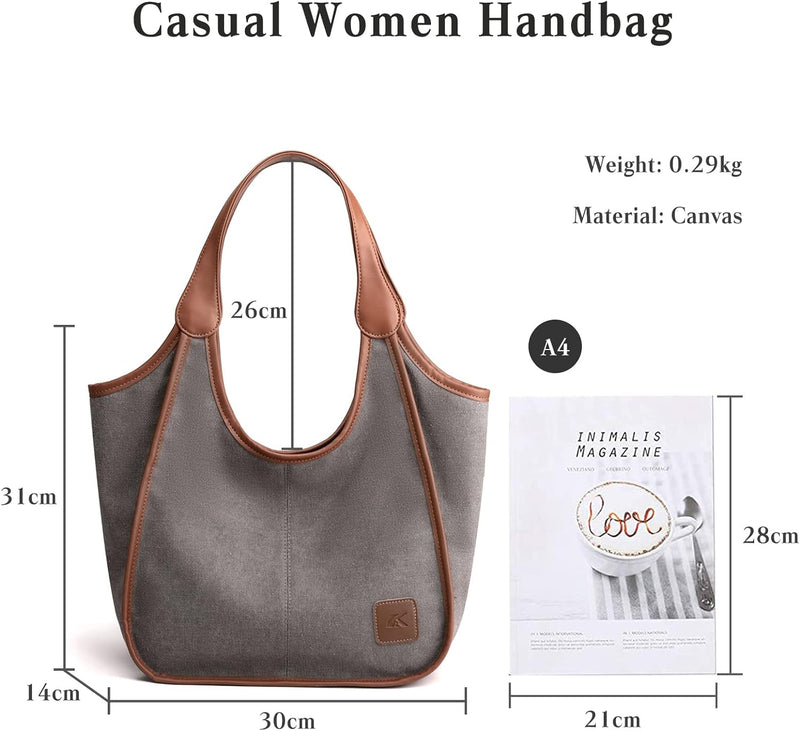 PORRASSO Damen Handtasche Canvas Hobo Schultertasche Fraue Shopper Henkeltasche für Einkaufen Schule