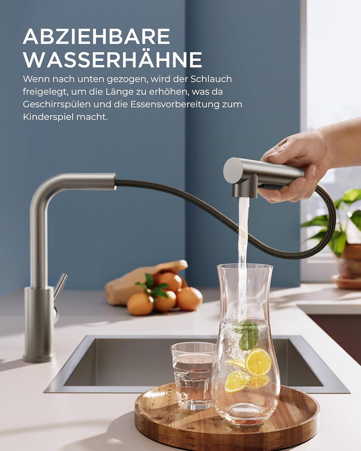 FORIOUS Wasserhahn Küche, Küchenarmatur Ausziehbar mit Brause, Spültischarmatur Küche, L-förmiger Ed