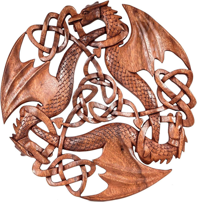 Windalf Celtic Wandbild Holzornament ACAR Ø 30 cm DREI keltische Drachen Wandrelief Handarbeit aus H