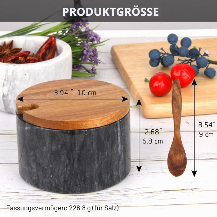Salzstreuer Marmor mit Holzdeckel und Löffel Salz- oder Pfefferstreuerschale aus Stein, Gewürzbehält