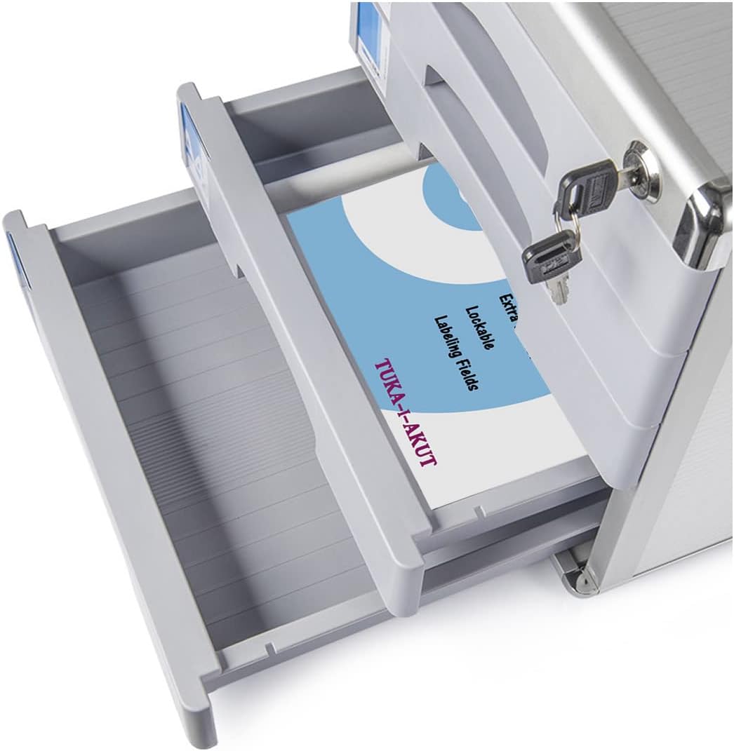 TUKA-i-AKUT Metall Schubladenbox Abschliessbar 3 Fächer A4, mit Beschriftungsfeldern, Dokumenten Auf