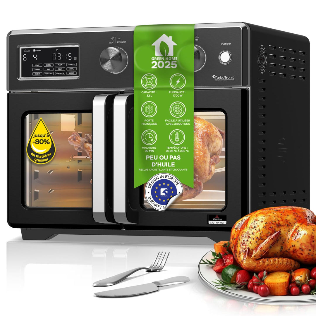 TurboTronic Mini Backofen - 4in1 Heissluftofen und Heissluftfritteuse XXL Version 32L inkl. Drehspie