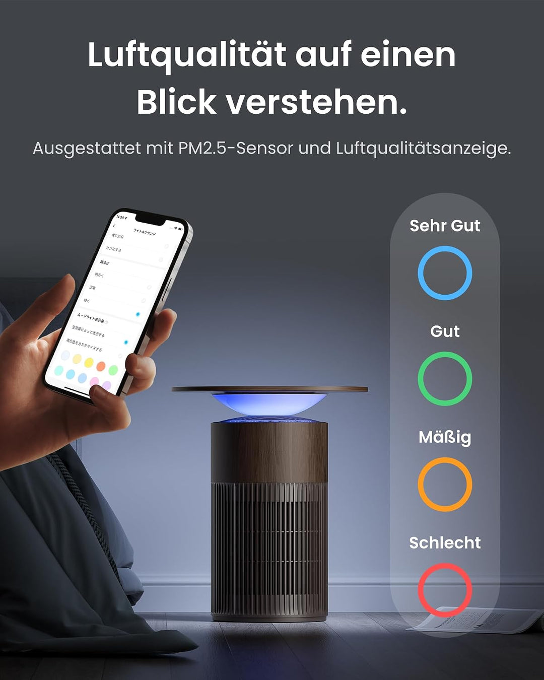 SwitchBot Luftreiniger mit App-Steuerung und Nachtlicht, CADR 400m³/h bis zu 83㎡ Zimmer, HEPA-Filter