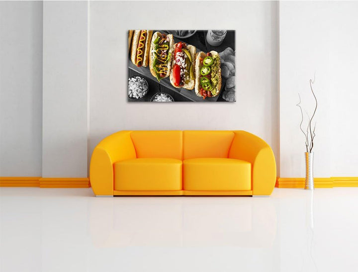 Delikate Hotdogs schwarz/weiss Format: 120x80 cm auf Leinwand, XXL riesige Bilder fertig gerahmt mit