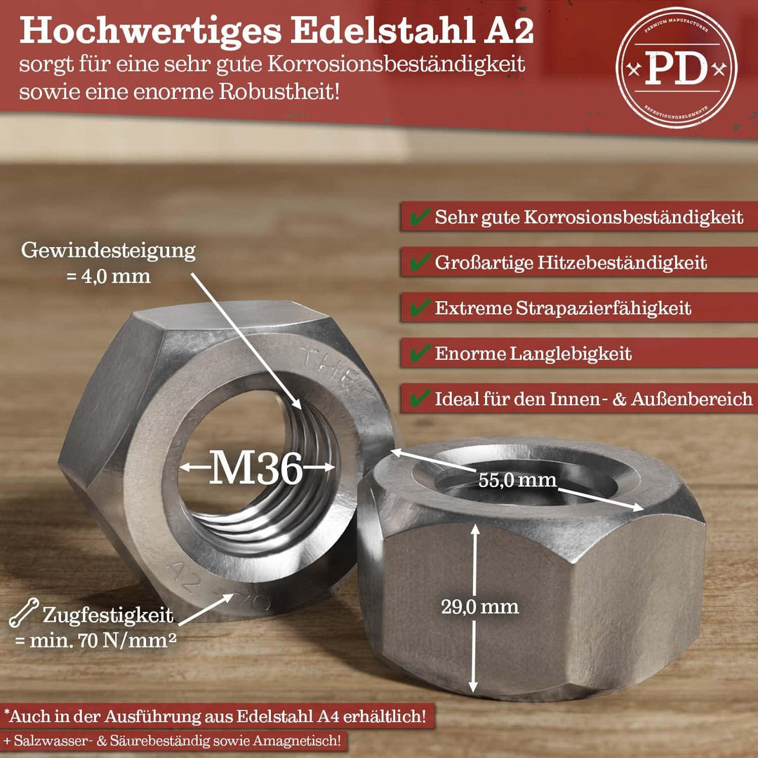 PD® Muttern M36 (DIN 934 / ISO 4032) | Hochwertige A2 V2A Edelstahl Sechskantmuttern | Hex Nut Edels