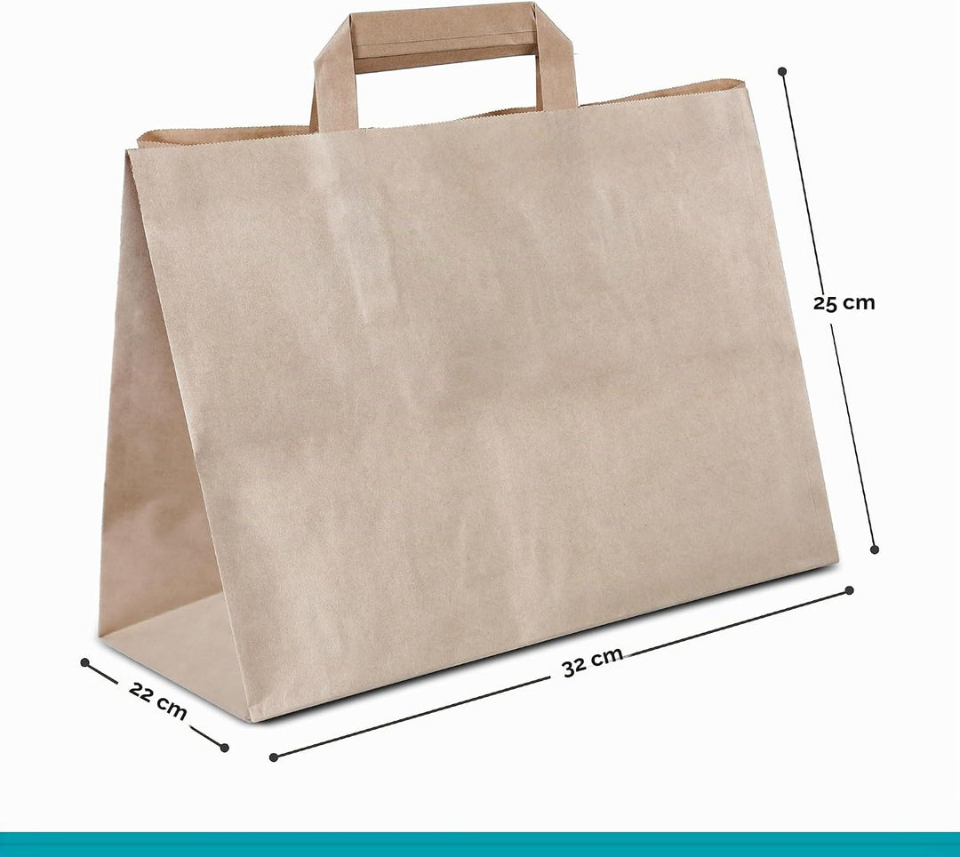 Commerline Papiertüten 250 Stück, Braun, 32+22x25 cm | Kraftpapier Tüten Klein Mit Henkel | Tragetas