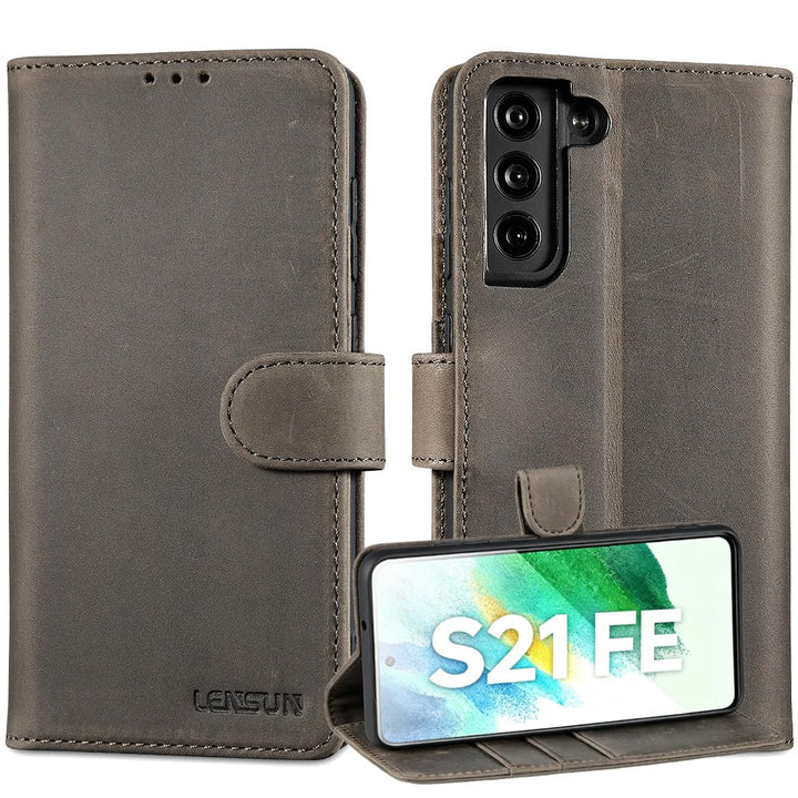 LENSUN Lederhülle für Samsung Galaxy S21 FE, Echtleder Handyhülle [Echtes Leder][RFID Schutz] Klappb