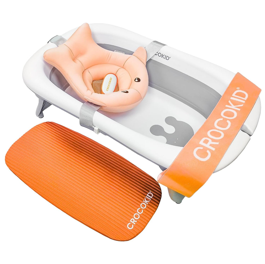 CROCOKID® Grosses Faltbares Baby-Badewannenset + 4 Unverzichtbare Zubehörteile – Tragbare XXL-Badewa