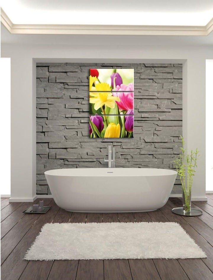 Pixxprint Farbenfrohe Osterglocken und Tulpen 3-Teiler Leinwandbild 120x80 Bild auf Leinwand