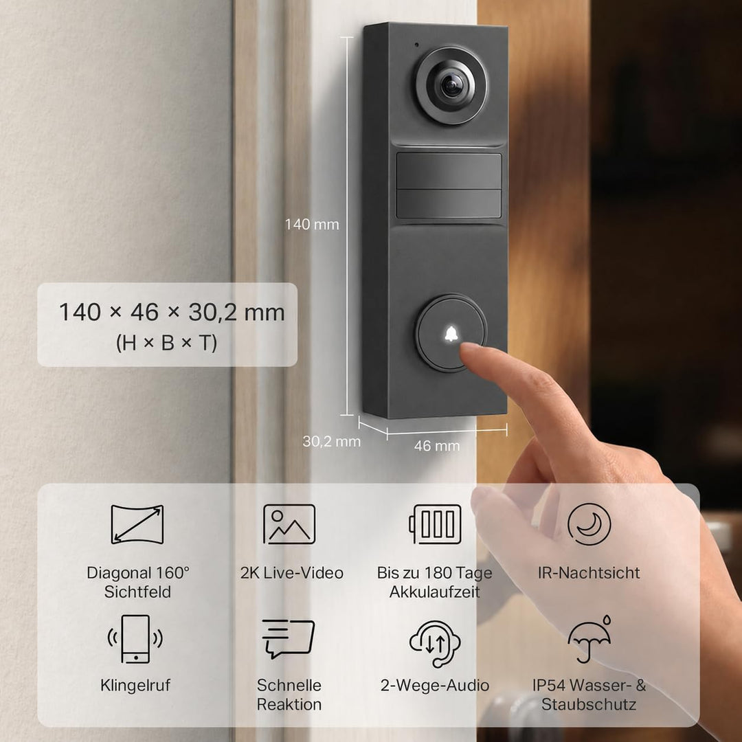 Tapo D205 Akku-Videotürklingel | WLAN Türklingel mit Kamera | 2K, 160° Weitwinkel, Zwei-Wege-Audio |