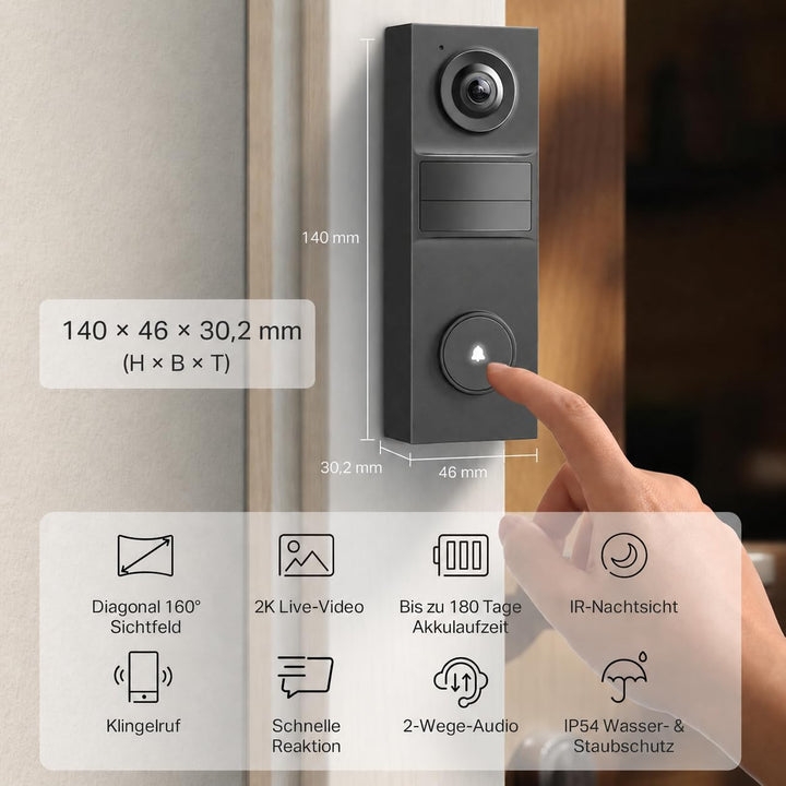 Tapo D205 Akku-Videotürklingel | WLAN Türklingel mit Kamera | 2K, 160° Weitwinkel, Zwei-Wege-Audio |