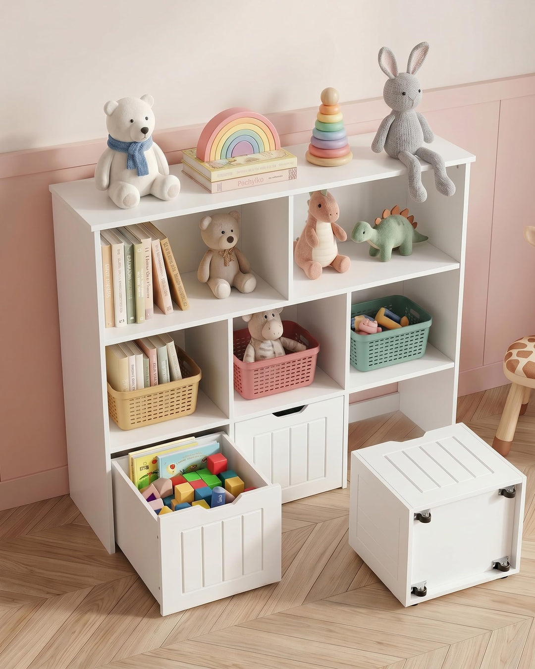 Kinderregal mit Boxen, Kinderzimmer Möbel, Spielzeugregal mit 3 Schubladen, Aufbewahrungsregal auf R