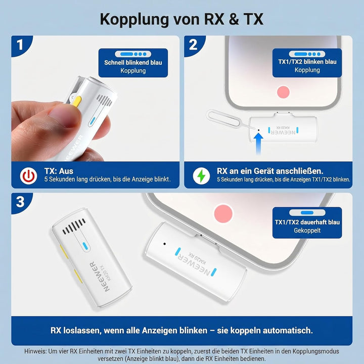 NEEWER Wireless Lavalier Mikrofon System für iPhone USB C Mini Clip auf Revers Mic mit 2X Sender/4x