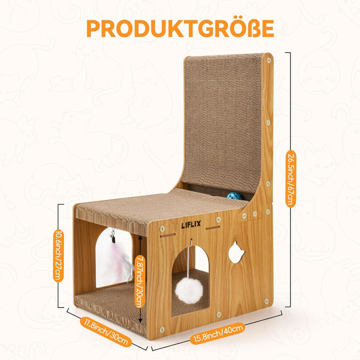 LIFLIX L-förmiges Doppelschicht Kratzbrett für Katzen, 67cm Kratzpappe mit Katzenhaus zum Kratzen Ve