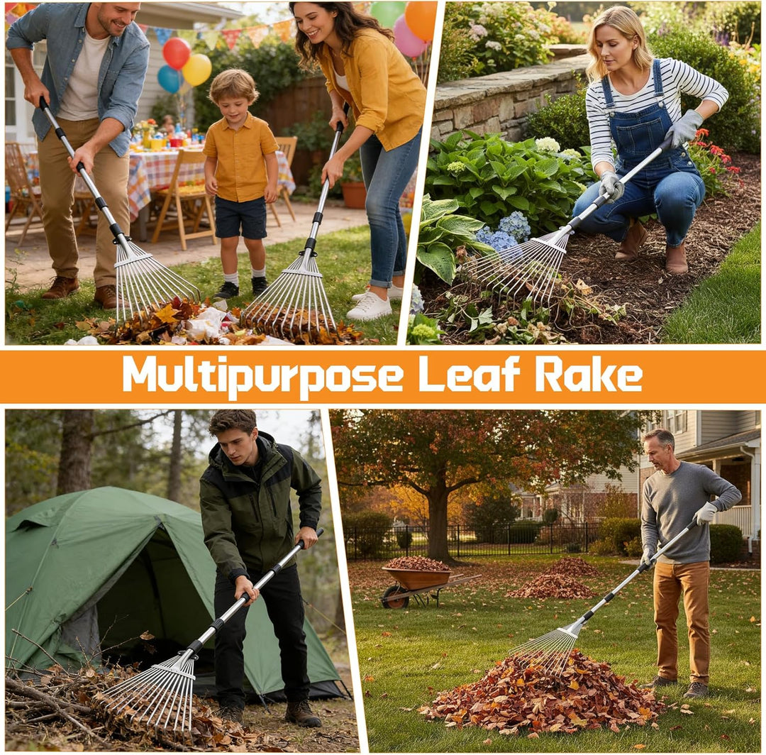215cm Laubrechen Verstellbar mit 15 Zinken Fächerbesen Laubbesen Metall Gartenrechen mit Handschuhe
