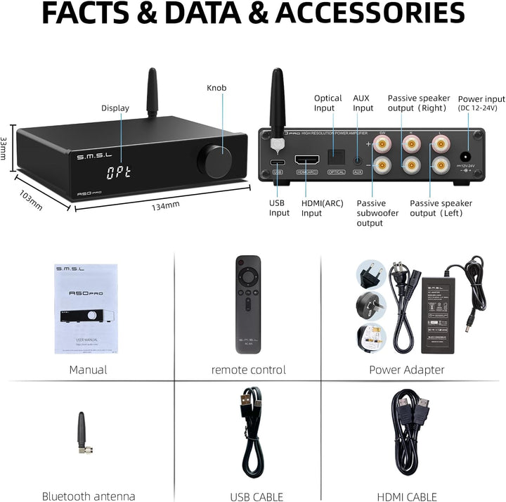 S.M.S.L A50 Pro Verstärker,LPF&amp;HPF,2.1 Kanal Audio Verstärker,100W Bass Ausgangsleistung, HiFi Bluet